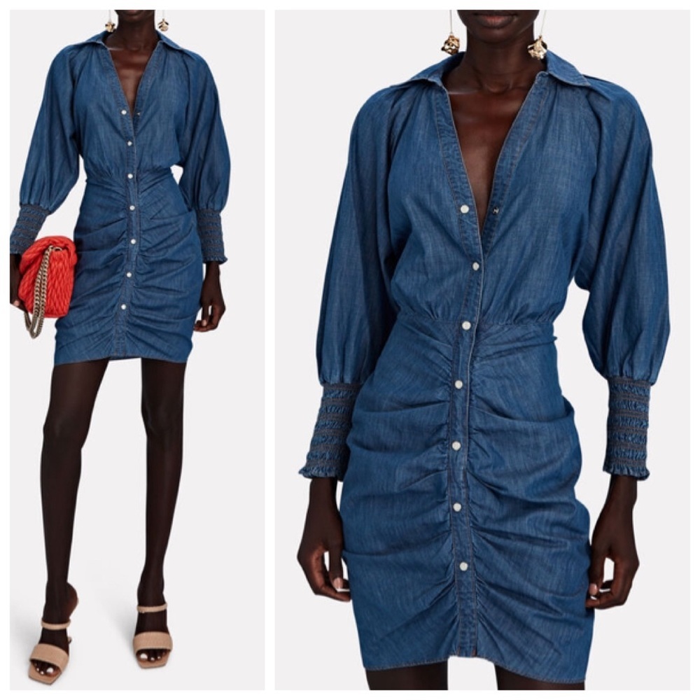 VERONICA BEARD Allie Denim Chambray Shirt Dress Ruched Cuffs Snap Buttons Size 6